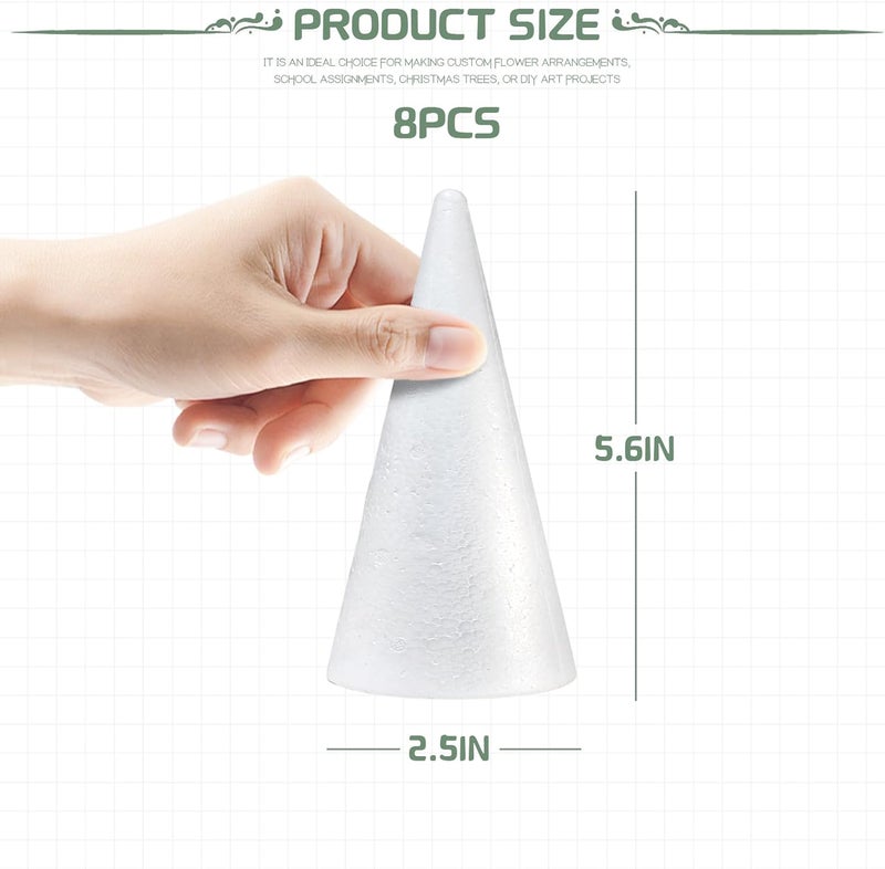 AHKUNMT 8 Pack Styrofoam Cones for Craft, 5.6x2.5in Craft Foam Tree Cones, White Small Polystyrene Foam Cones for Craft Use for DIY Art Projects, Christmas Tree Holiday Decor (5.6 * 2.5in-8pc) - Image 2